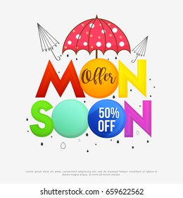 Illustration,sale banner,sale poster for Monsoon season raining drops,colorful umbrella with text space background.