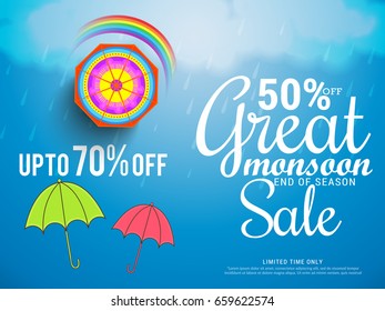 Illustration,sale banner,sale poster for Monsoon season raining drops,colorful umbrella with text space background.