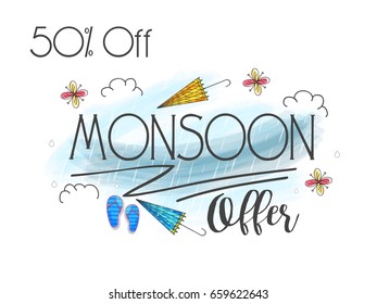 Illustration,sale banner,sale poster for Monsoon season raining drops,colorful umbrella with text space background.