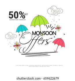 Illustration,sale banner,sale poster for Monsoon season raining drops,colorful umbrella with text space background.