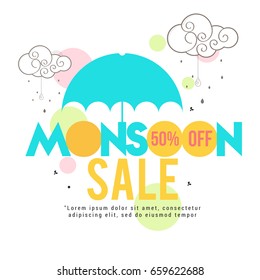 Illustration,sale banner,sale poster for Monsoon season raining drops,colorful umbrella with text space background.