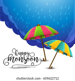 Illustration,sale banner,sale poster for Monsoon season raining drops,colorful umbrella with text space background.