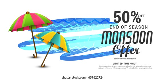 Illustration,sale banner,sale poster for Monsoon season raining drops,colorful umbrella with text space background.