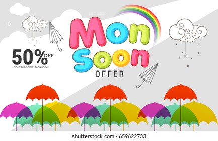 Illustration,sale banner,sale poster for Monsoon season raining drops,colorful umbrella with text space background.