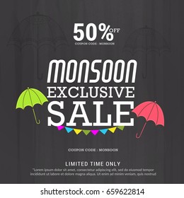 Illustration,sale banner,sale poster for Monsoon season raining drops,colorful umbrella with text space background.