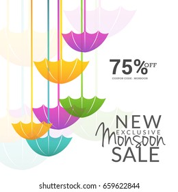 Illustration,sale banner,sale poster for Monsoon season raining drops,colorful umbrella with text space background.