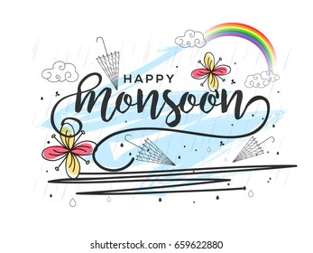 Illustration,sale banner,sale poster for Monsoon season raining drops,colorful umbrella with text space background.
