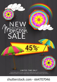 Illustration,sale banner,sale poster for Monsoon season raining drops,colorful umbrella with text space background.