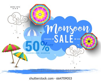 Illustration,sale banner,sale poster for Monsoon season raining drops,colorful umbrella with text space background.