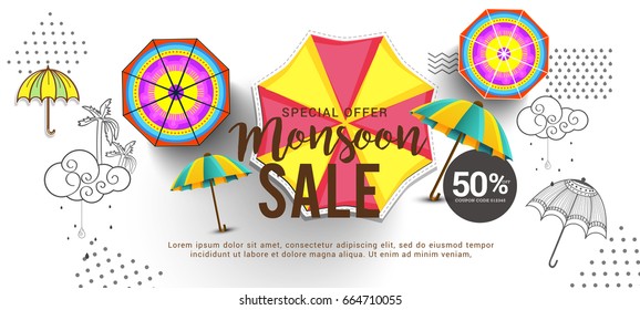 Illustration,sale banner,sale poster for Monsoon season raining drops,colorful umbrella with text space background.