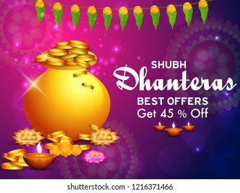 illustration,sale poster or sale banner with golden shiny pot filled with gold coins for indian dhanteras diwali festival  background.