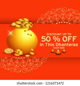 illustration,sale poster or sale banner with golden shiny pot filled with gold coins for indian dhanteras diwali festival  background.
