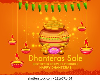 illustration,sale poster or sale banner with golden shiny pot filled with gold coins for indian dhanteras diwali festival  background.