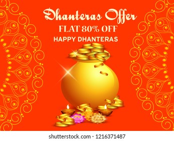 illustration,sale poster or sale banner with golden shiny pot filled with gold coins for indian dhanteras diwali festival  background.