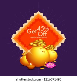 illustration,sale poster or sale banner with golden shiny pot filled with gold coins for indian dhanteras diwali festival  background.