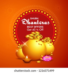 illustration,sale poster or sale banner with golden shiny pot filled with gold coins for indian dhanteras diwali festival  background.