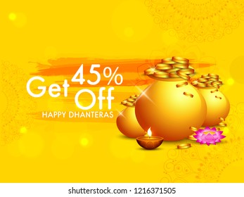 illustration,sale poster or sale banner with golden shiny pot filled with gold coins for indian dhanteras diwali festival  background.