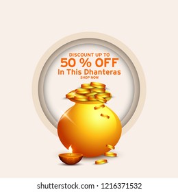 illustration,sale poster or sale banner with golden shiny pot filled with gold coins for indian dhanteras diwali festival  background.