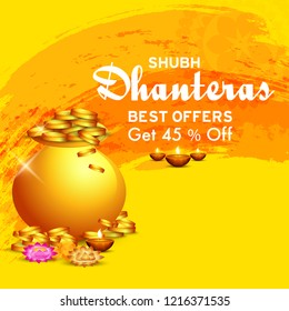 illustration,sale poster or sale banner with golden shiny pot filled with gold coins for indian dhanteras diwali festival  background.