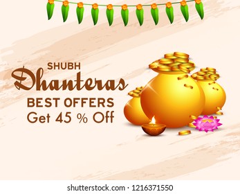 illustration,sale poster or sale banner with golden shiny pot filled with gold coins for indian dhanteras diwali festival  background.