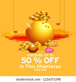 illustration,sale poster or sale banner with golden shiny pot filled with gold coins for indian dhanteras diwali festival  background.