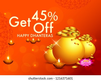 illustration,sale poster or sale banner with golden shiny pot filled with gold coins for indian dhanteras diwali festival  background.