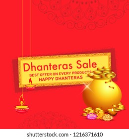 illustration,sale poster or sale banner with golden shiny pot filled with gold coins for indian dhanteras diwali festival  background.