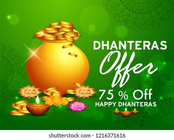illustration,sale poster or sale banner with golden shiny pot filled with gold coins for indian dhanteras diwali festival  background.