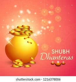 illustration,sale poster or sale banner with golden shiny pot filled with gold coins for indian dhanteras diwali festival  background.