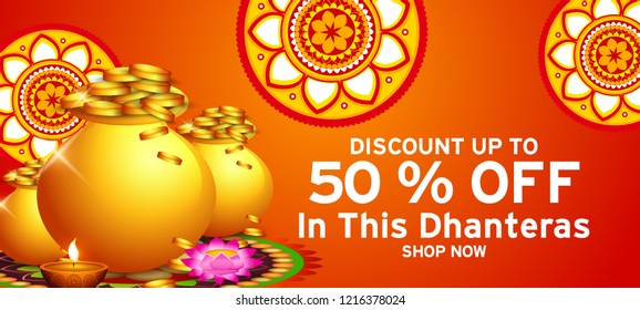 illustration,sale poster or sale banner with golden shiny pot filled with gold coins for indian dhanteras diwali festival  background.