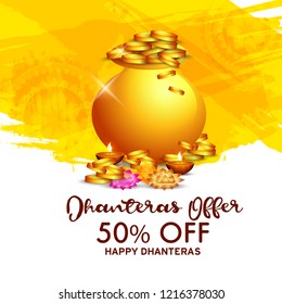 illustration,sale poster or sale banner with golden shiny pot filled with gold coins for indian dhanteras diwali festival  background.