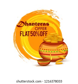 illustration,sale poster or sale banner with golden shiny pot filled with gold coins for indian dhanteras diwali festival  background.