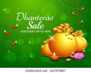 illustration,sale poster or sale banner with golden shiny pot filled with gold coins for indian dhanteras diwali festival background.