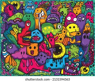 illustrations,Hand-drawn, Grafiti style, Vivid color monsters doodle  for Textiles Children's Clothing, t-shirt, skateboard, monster truck Background