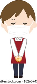 As for the illustration,young man  wearing an apron is bowing with a surgical mask.Vector illustration.