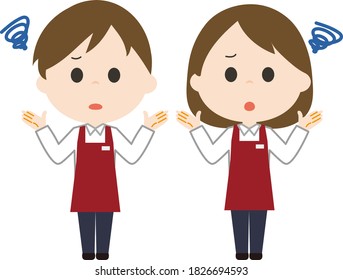 As for the illustration,Young man and woman wearing an apron have trouble.