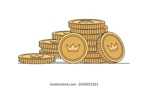 Illustrative animation of golden coins with crown symbol pile up together displaying wealth and prosperity concept