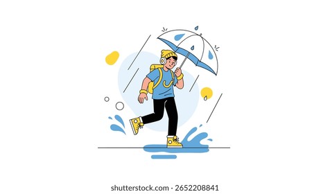 Arte ilustrativa que representa uma pessoa com uma mochila segurando um guarda-chuva enquanto caminha por poças de água durante um chuveiro de chuva, apresentando vários elementos meteorológicos e atividades diárias ao ar livre
