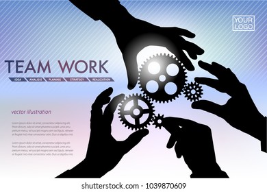 Illustrative banner shows corporative cooperation idea. Hands with gears appear partnership or team work relation idea.
