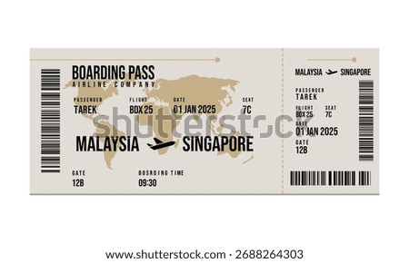 Illustrative beige boarding pass, showcasing travel from Malaysia to Singapore, featuring Tarek, flight BDX 25, seat 7C, and departure date 01 JAN 2025.