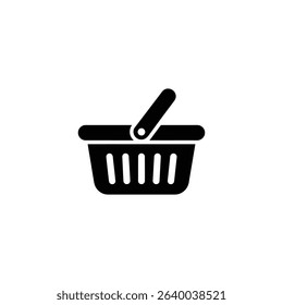 Illustrative black icon displaying a simple shopping basket. Vector image represents commerce, retail and grocery shopping, suitable for use as a design element.