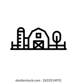 Contorno preto ilustrativo de uma fazenda com um celeiro, silo, árvore e cerca de piquete isolada em um fundo transparente.