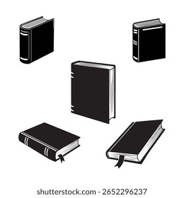 Representación ilustrativa en blanco y negro de libros surtidos apilados y dispuestos en diferentes posiciones sobre un fondo blanco.