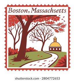 Illustrative Boston stamp design featuring iconic city landmarks in a detailed vintage style