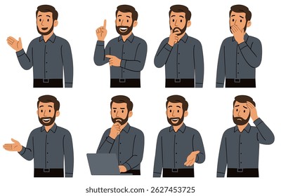 Personagem de negócios ilustrativo exibindo uma gama de diferentes reações e estados emocionais, aparência profissional