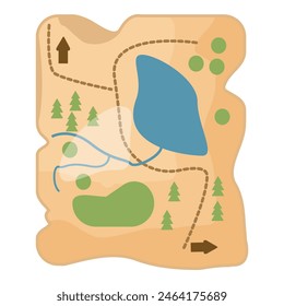 Illustrative cartoon map for hiking with trails, lake, trees, and terrain symbols