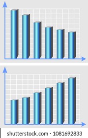 Illustrative chart, template with metallic blue 3d columns, and rising trend curve, infographic element, ascending and descending graphs