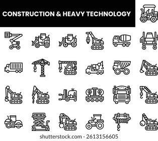 Illustrative collection of construction and heavy machinery icons in black and white.