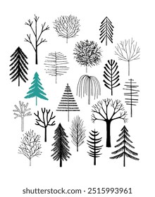 Illustrative collection of diverse tree silhouettes and outlines, highlighting various shapes and textures with one teal evergreen.