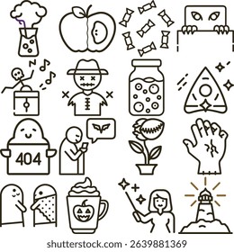 An illustrative collection featuring Halloween icons ghosts, candies, a pumpkin spice latte, a scarecrow, a witch, and other autumn themed design elements in outline style.
